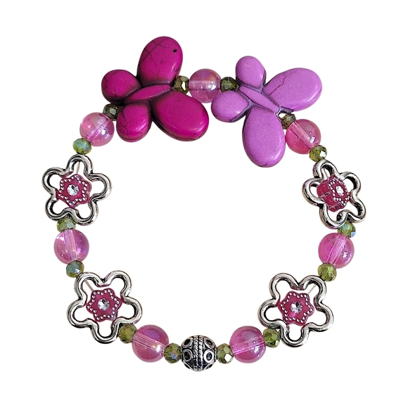 Hand Crafted Butterflies Beaded Bracelet Pink and Purple Stretch Size 7.5" - Picture 6 of 6